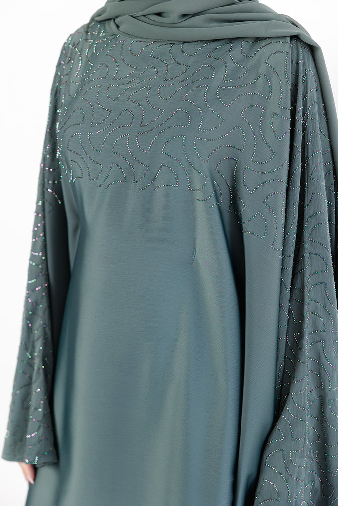 Green Ripple Satin Polyester Batwing Stone work Closed Abaya