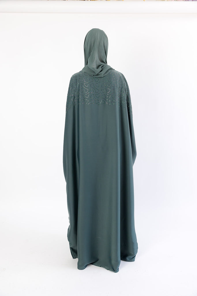 Green Ripple Satin Polyester Batwing Stone work Closed Abaya