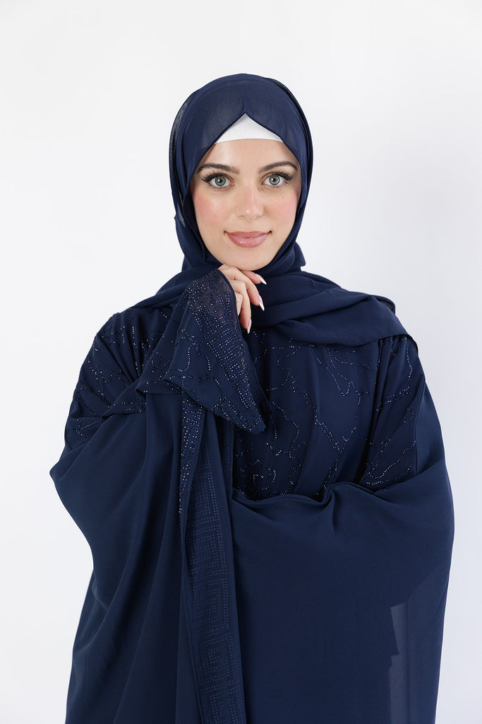 Navy Abstract Pattern Embellished  Chiffon Cape Diamante Closed Abaya
