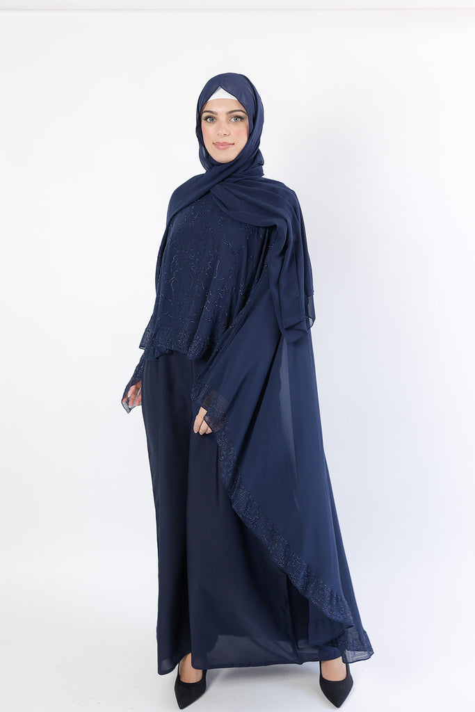 Navy Abstract Pattern Embellished  Chiffon Cape Diamante Closed Abaya