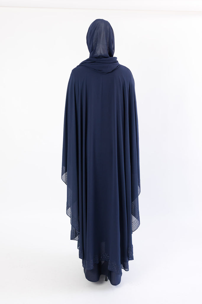 Navy Abstract Pattern Embellished  Chiffon Cape Diamante Closed Abaya