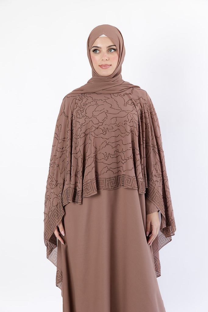 Dark Taupe Abstract Pattern Embellished  Chiffon Cape Diamante Closed Abaya