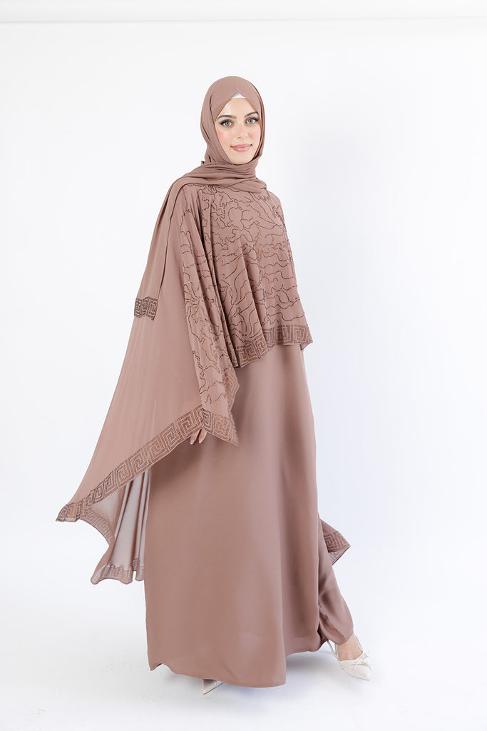 Dark Taupe Abstract Pattern Embellished  Chiffon Cape Diamante Closed Abaya