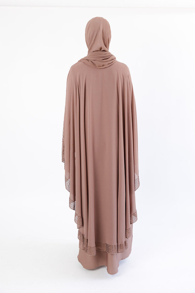 Dark Taupe Abstract Pattern Embellished  Chiffon Cape Diamante Closed Abaya