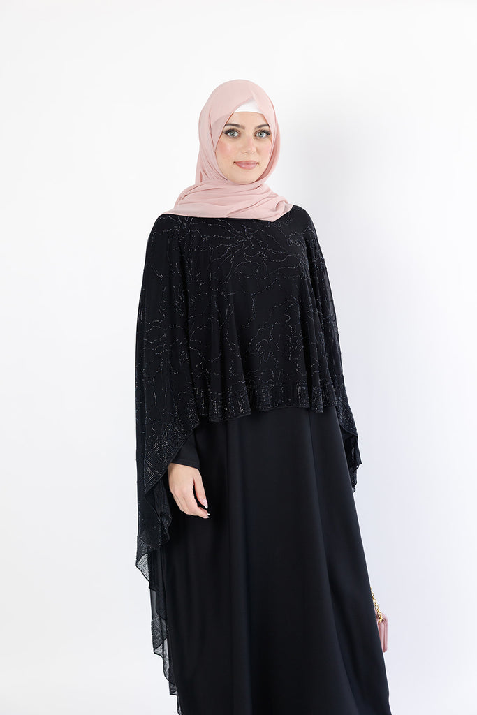 Black Abstract Pattern Embellished  Chiffon Cape Diamante Closed Abaya