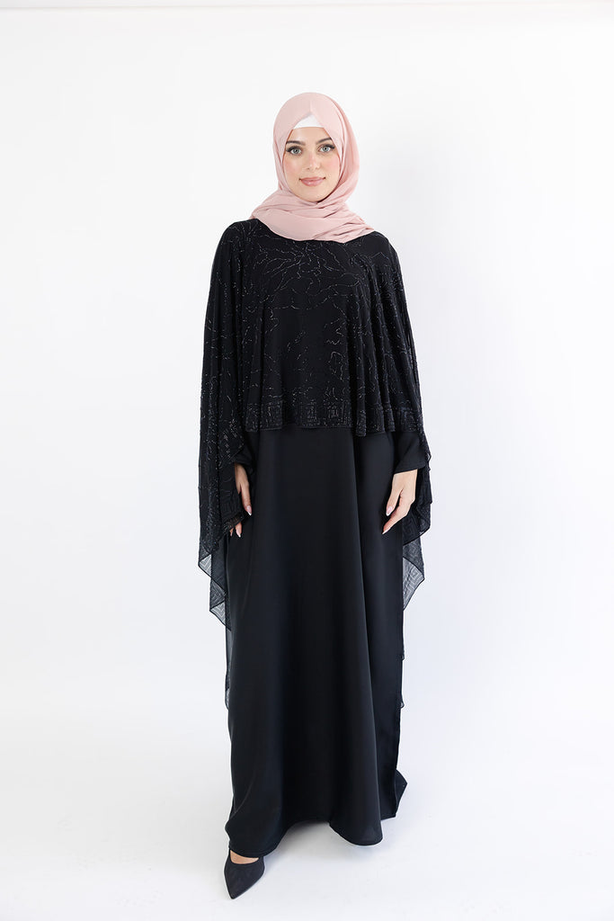 Black Abstract Pattern Embellished  Chiffon Cape Diamante Closed Abaya