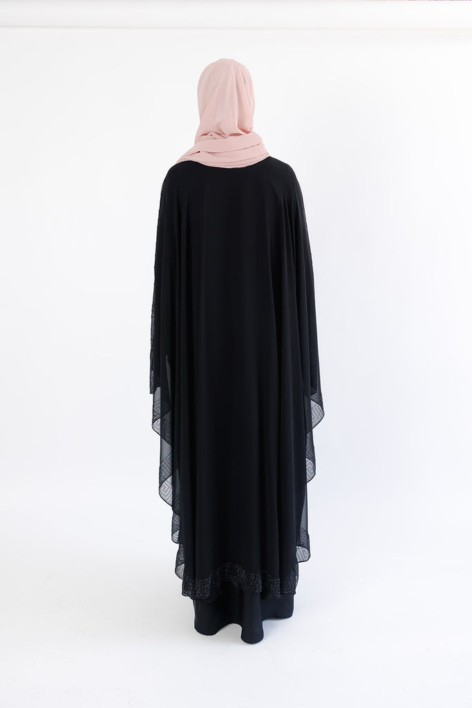Black Abstract Pattern Embellished  Chiffon Cape Diamante Closed Abaya