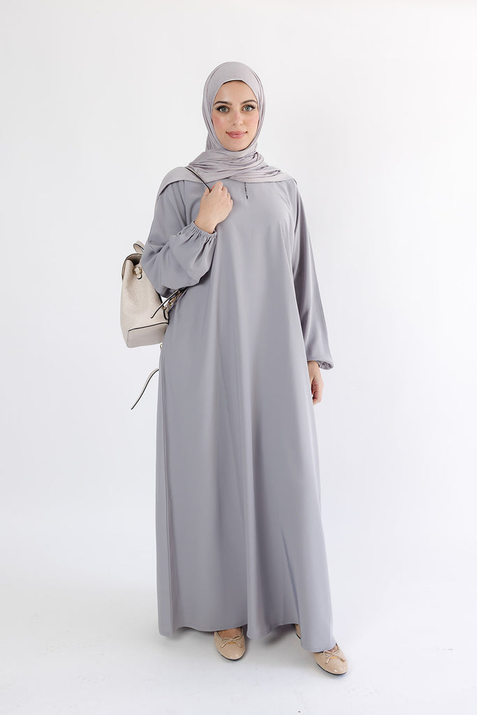 Grey Closed Abaya – Premium Plain Nidha with Pocket and Elastic Sleeves