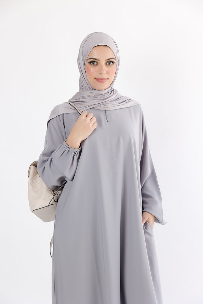 Grey Closed Abaya – Premium Plain Nidha with Pocket and Elastic Sleeves