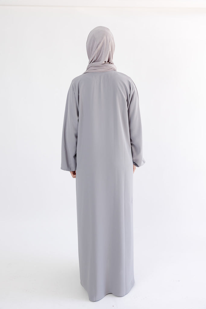 Grey Closed Abaya – Premium Plain Nidha with Pocket and Elastic Sleeves