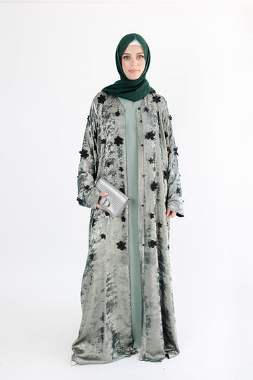Green Luxury Shimmer Open Abaya with Black floral Embellishments