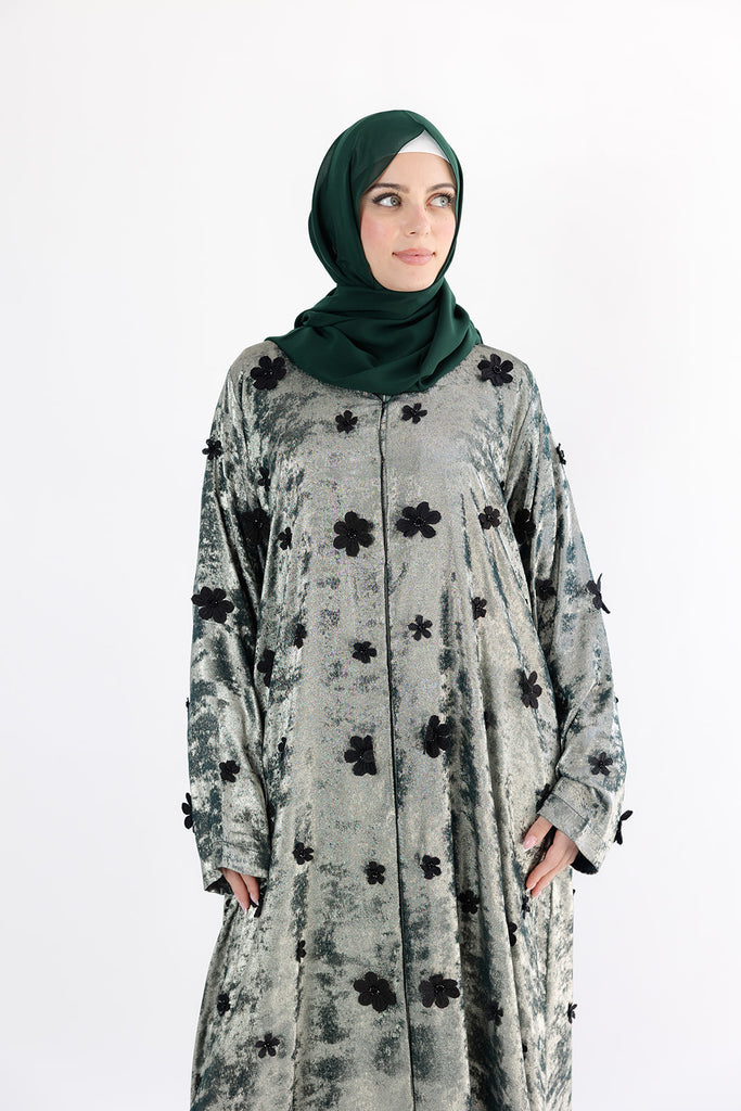Green Open Abaya – Luxury Shimmer Finish with Black Floral Embellishments