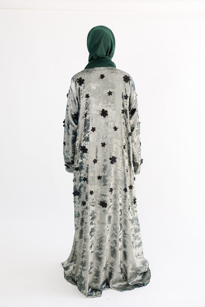 Green Open Abaya – Luxury Shimmer Finish with Black Floral Embellishments
