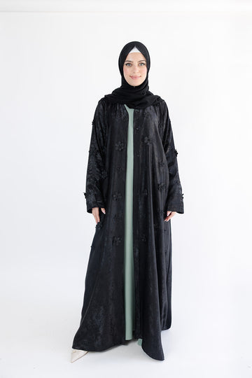 Black Luxury Shimmer Open Abaya with Black floral Embellishments