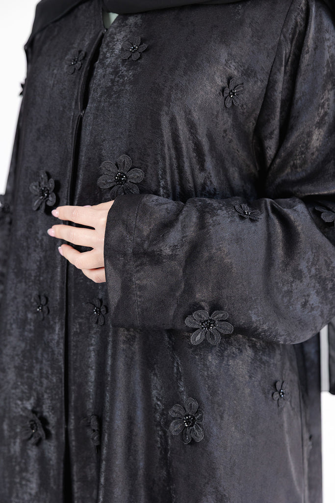 Black Open Abaya – Luxury Shimmer Finish with Black Floral Embellishments