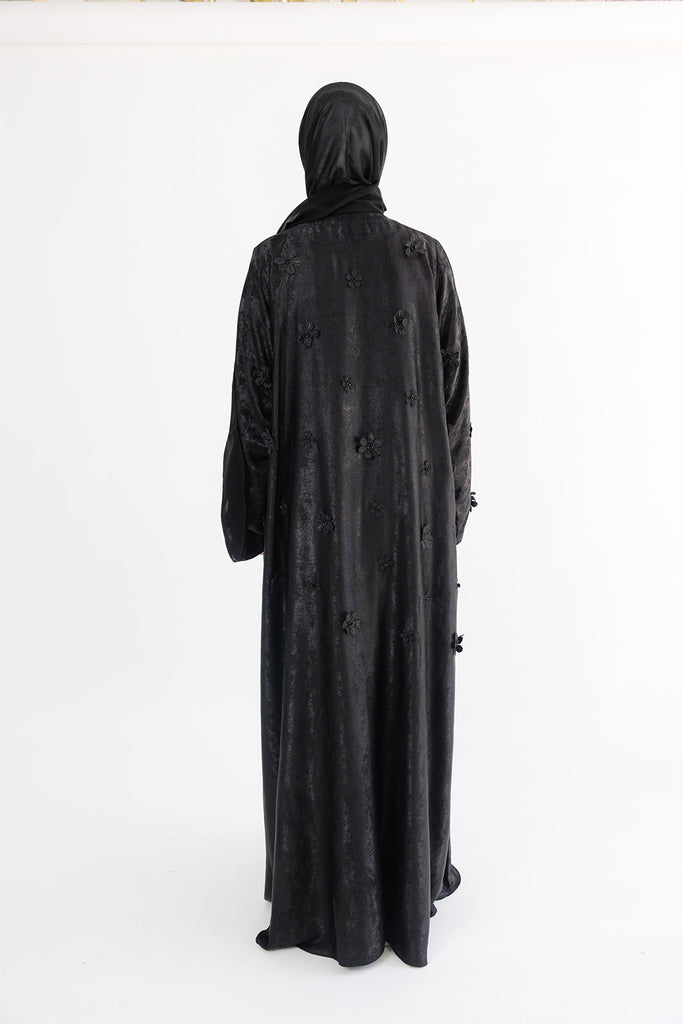 Black Open Abaya – Luxury Shimmer Finish with Black Floral Embellishments