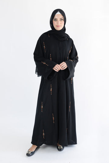 Black Luxury Open Abaya with Multicolour Handcrafted Embellishments