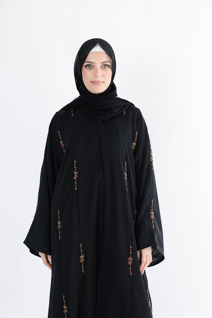Black Open Abaya – Luxurious Multicolour Beaded Detailing