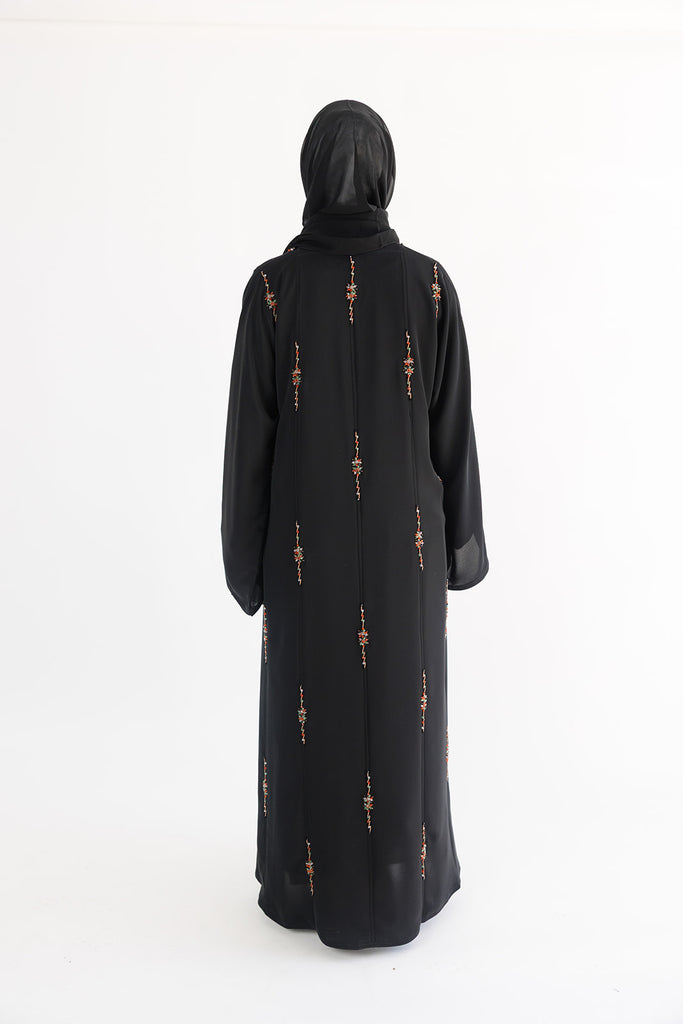 Black Open Abaya – Luxurious Multicolour Beaded Detailing