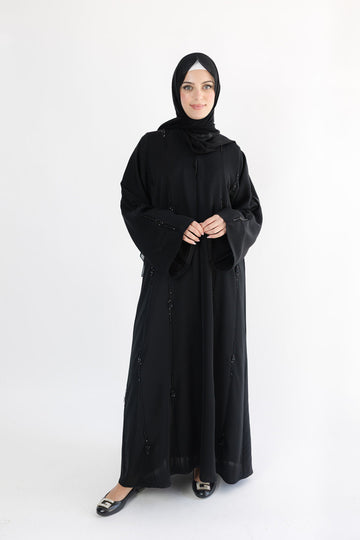 Black Luxury Open Abaya with Black Handcrafted Embellishments