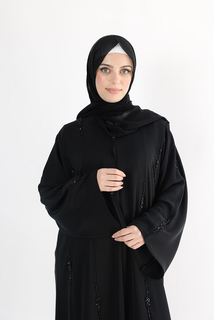 Black Open Abaya – Luxurious Black Beaded Detailing