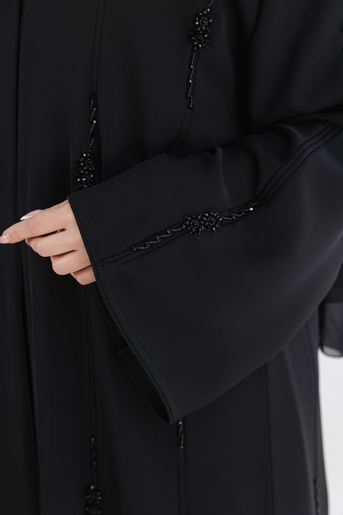 Black Open Abaya – Luxurious Black Beaded Detailing