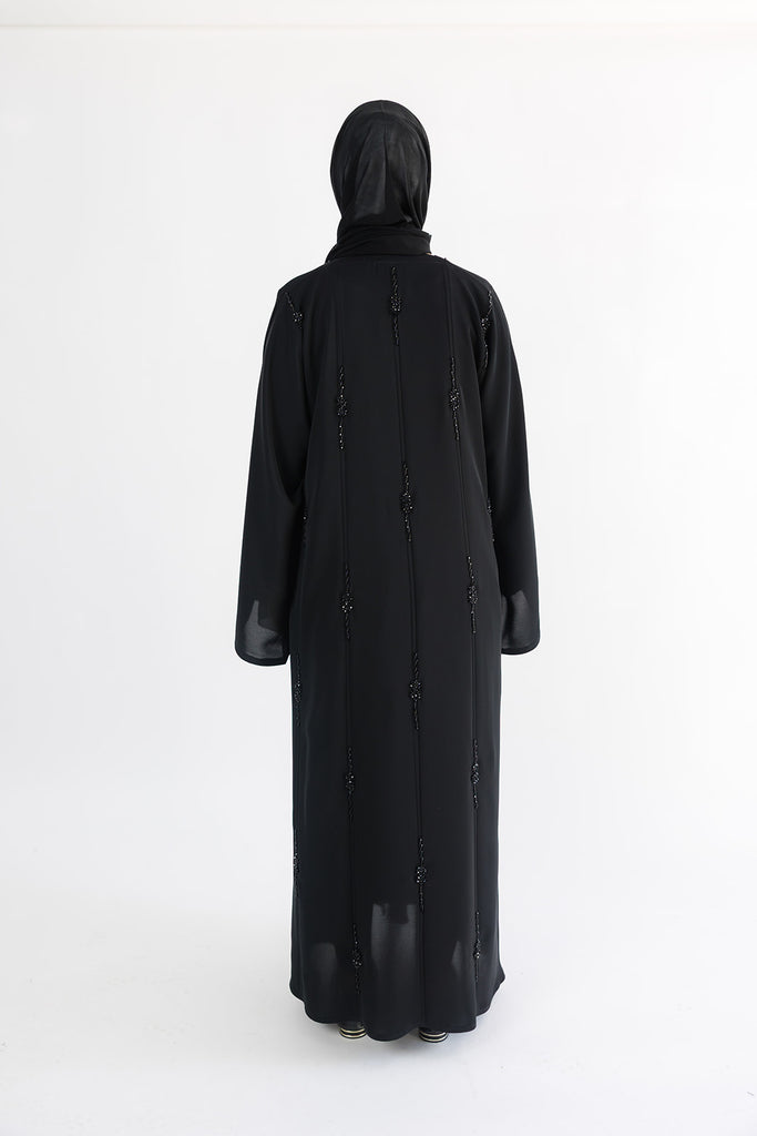 Black Open Abaya – Luxurious Black Beaded Detailing