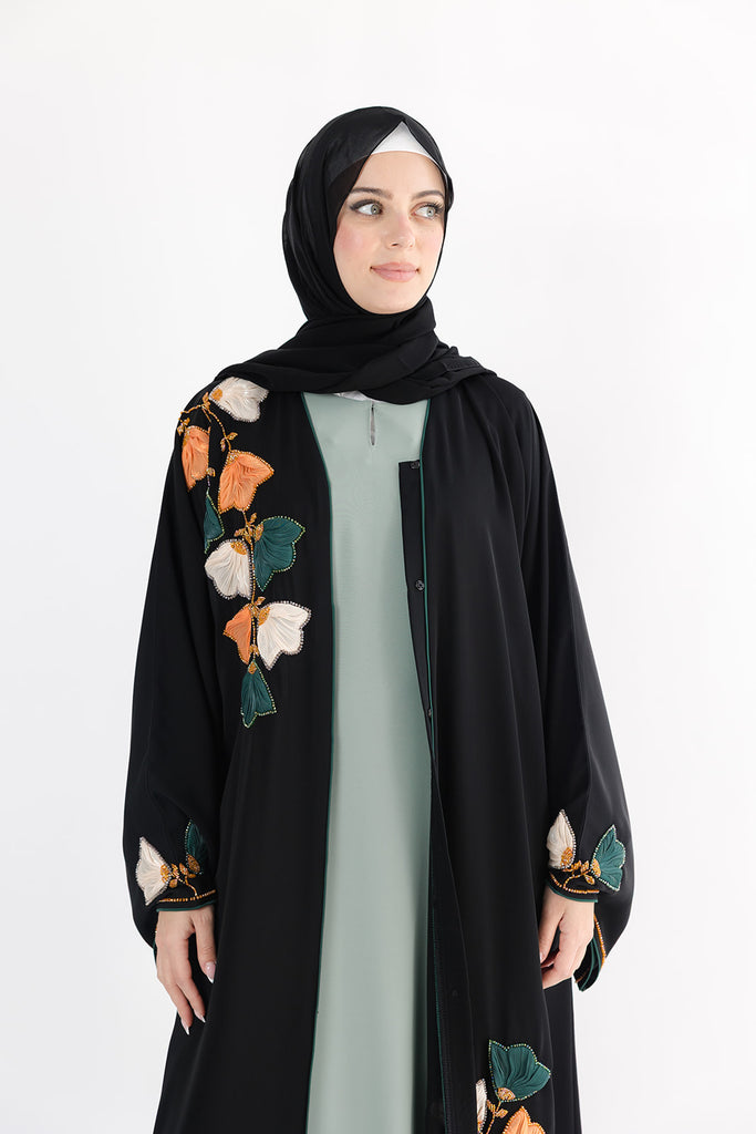 Black Open Abaya – Premium 3D Leaf Embroidered Design