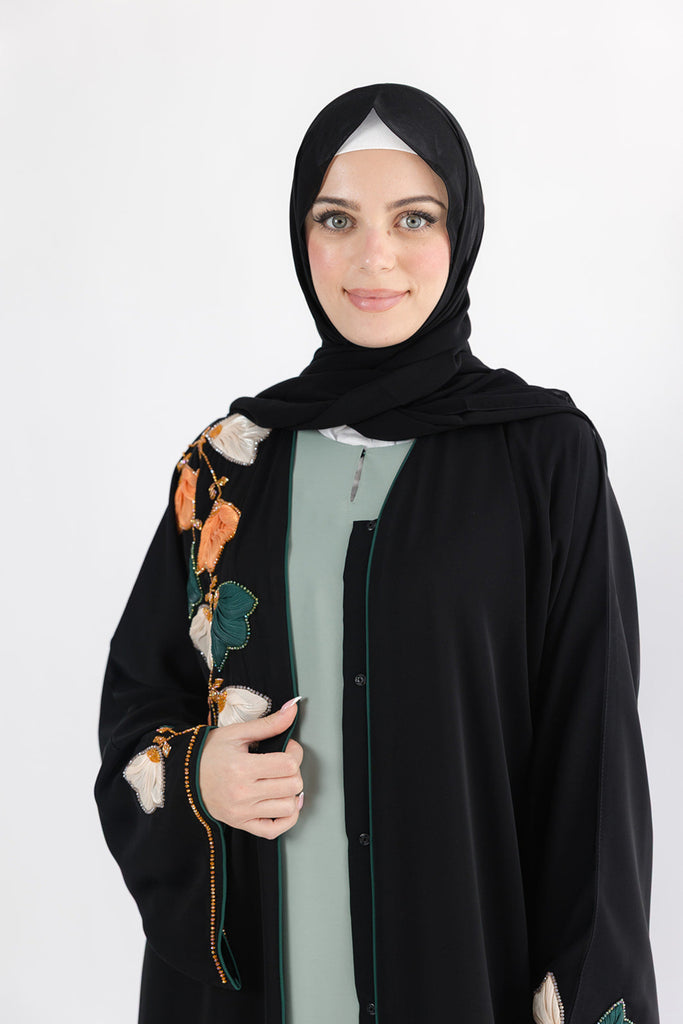 Black Open Abaya – Premium 3D Leaf Embroidered Design