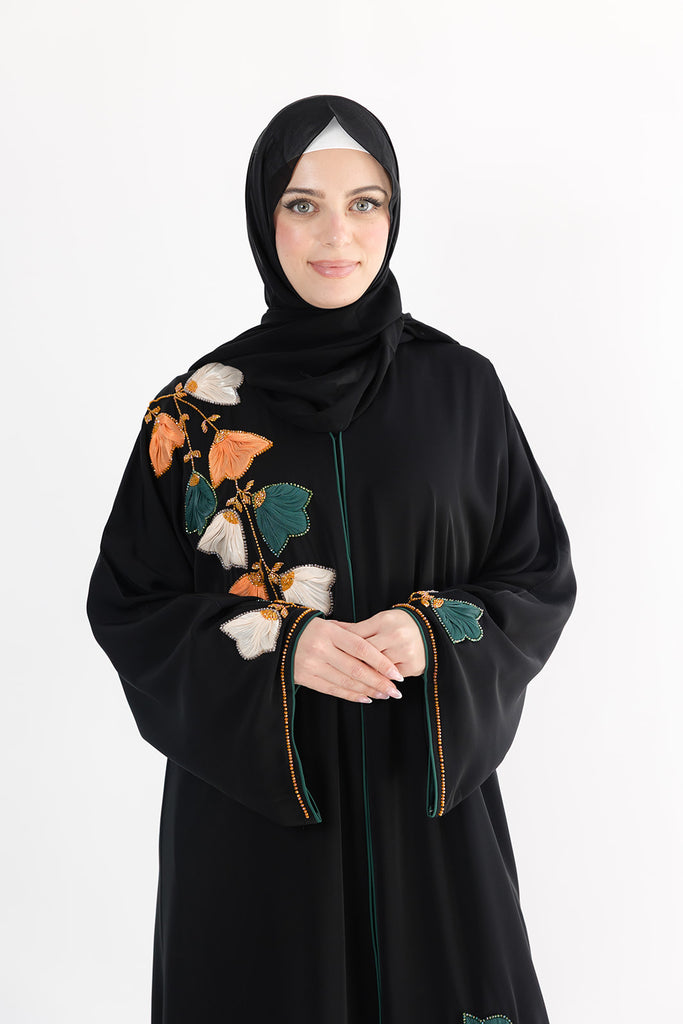 Black Open Abaya – Premium 3D Leaf Embroidered Design
