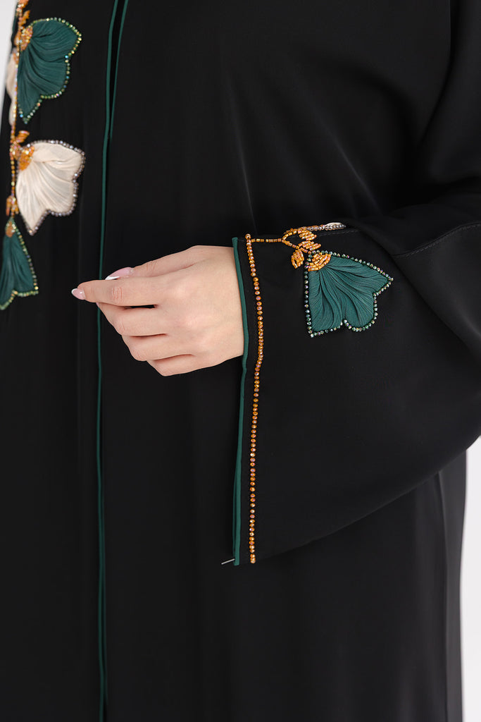 Black Open Abaya – Premium 3D Leaf Embroidered Design