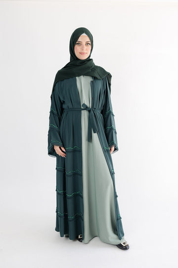 Green Luxury tassel Layers Beaded Open Abaya