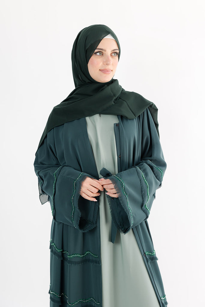 Green Luxury tassel Layers Beaded Open Abaya