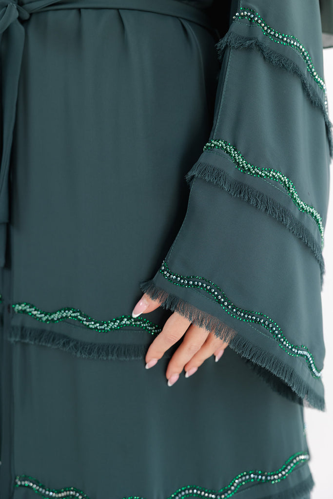 Green Luxury tassel Layers Beaded Open Abaya