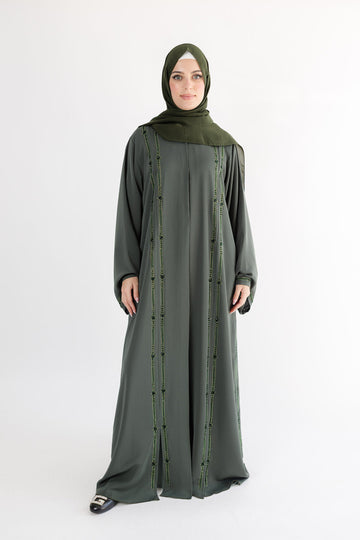 Luxurious Green Open Abaya with Green Beads Detailing