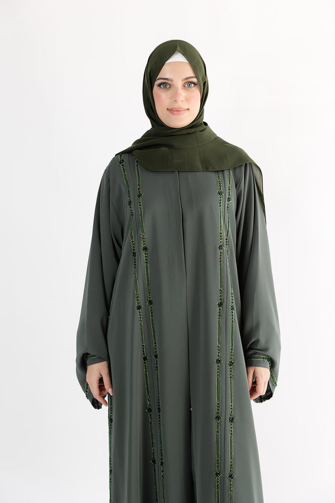 Green Open Abaya – Luxurious Tonal Beaded Detailing