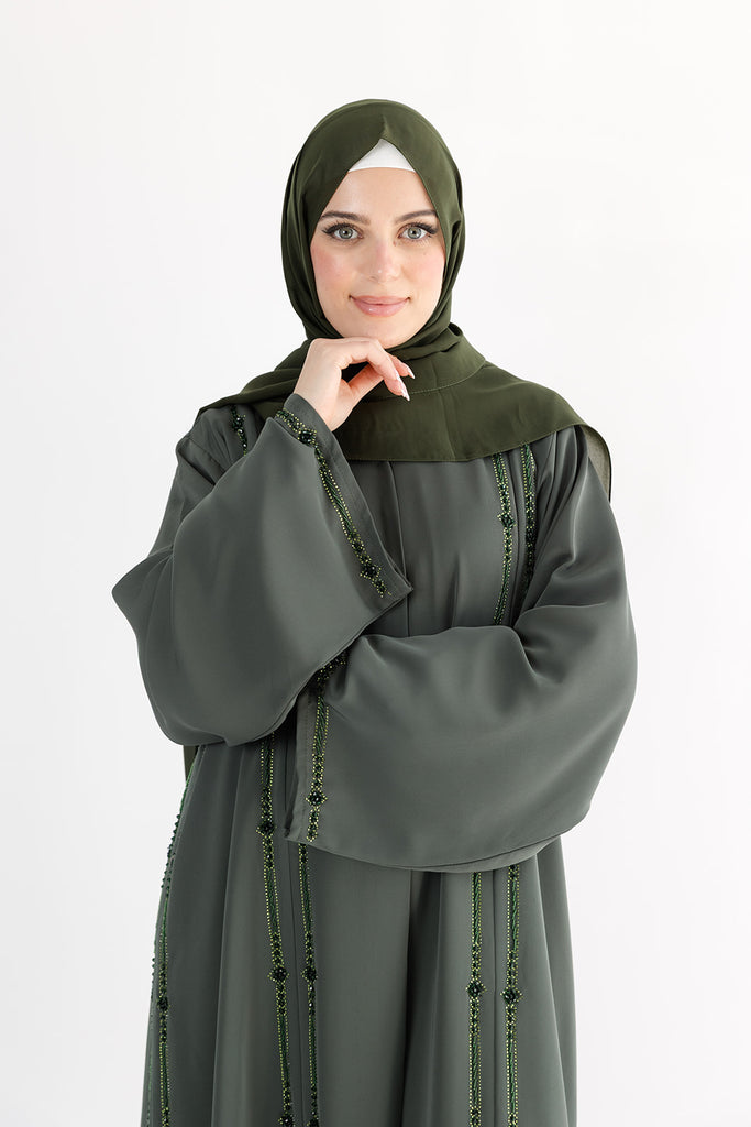 Green Open Abaya – Luxurious Tonal Beaded Detailing