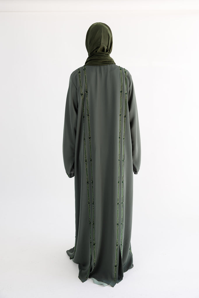 Green Open Abaya – Luxurious Tonal Beaded Detailing