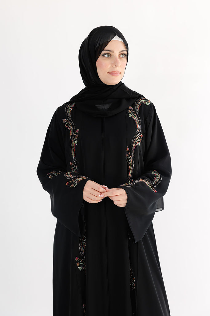 Black Open Abaya – Elegant Floral Aura Design