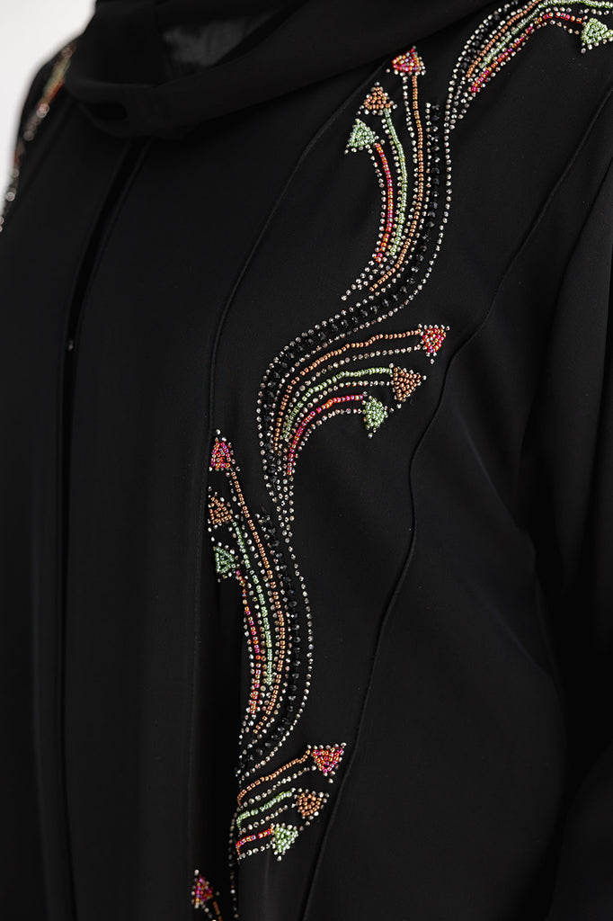 Black Open Abaya – Elegant Floral Aura Design