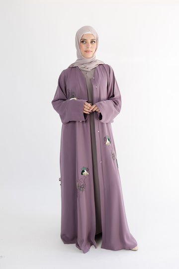 Mauve Premium Blossom Embroidered Open Abaya