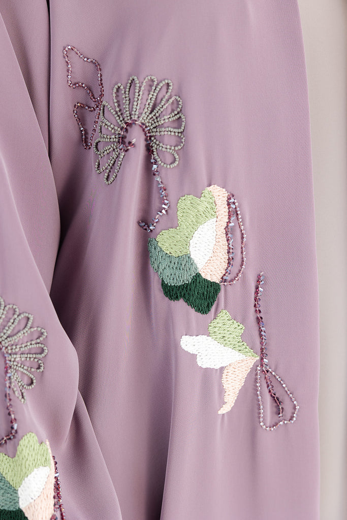 Mauve Open Abaya – Premium Blossom Embroidered Design