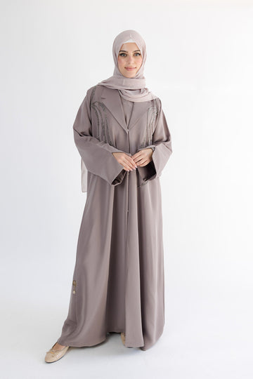 Beige Khaliji Blazer Embellished Open Abaya