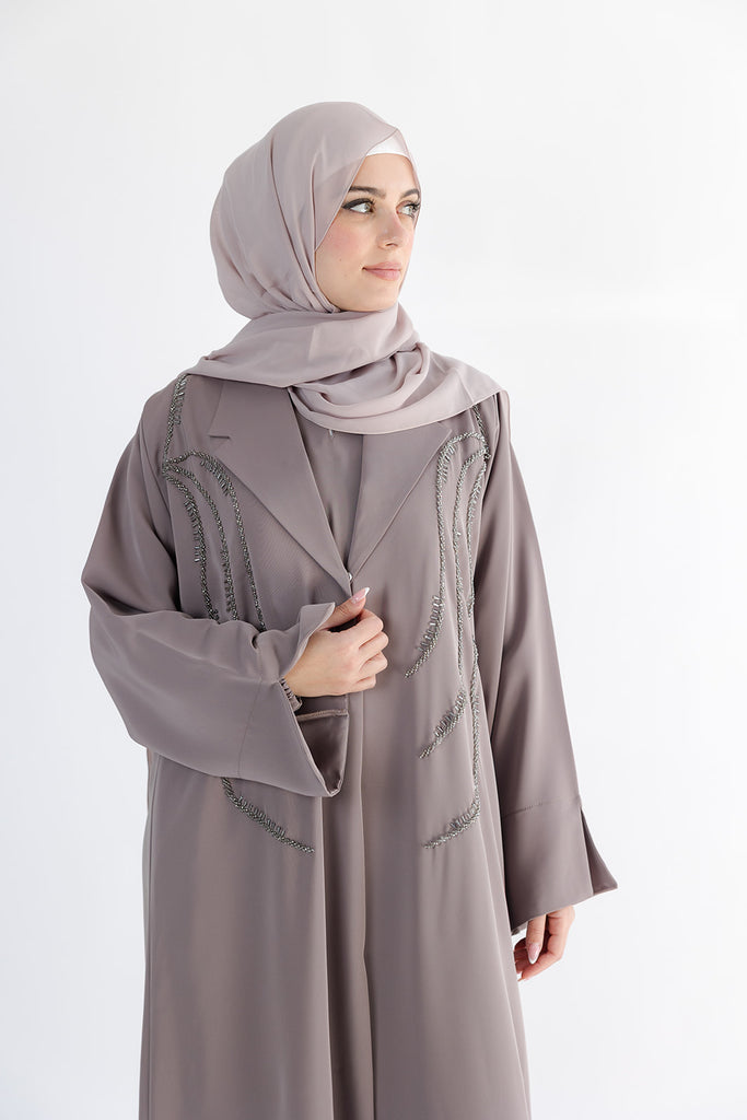 Beige Open Abaya – Khaliji Blazer-Style Design with Embellished Detailing