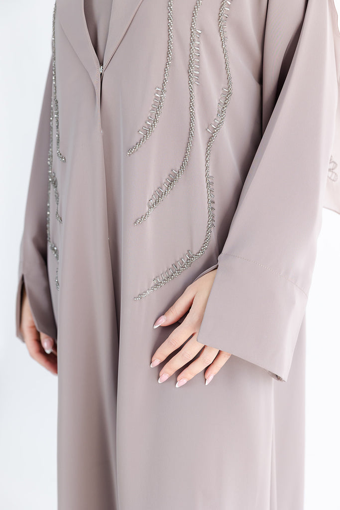 Beige Open Abaya – Khaliji Blazer-Style Design with Embellished Detailing