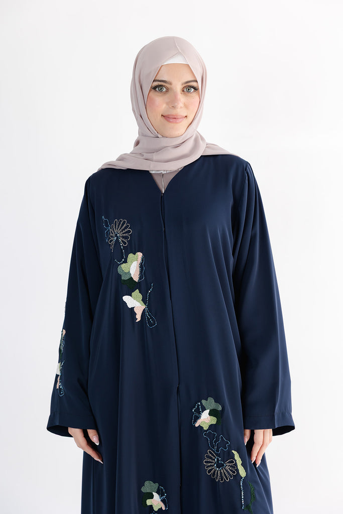 Navy Open Abaya – Premium Blossom Embroidered Design