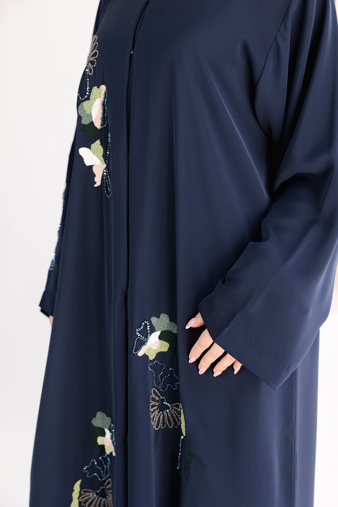 Navy Open Abaya – Premium Blossom Embroidered Design