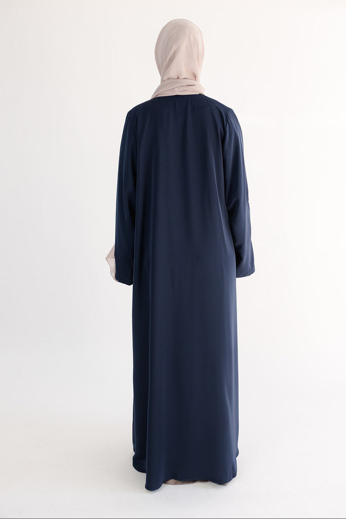 Navy Open Abaya – Premium Blossom Embroidered Design