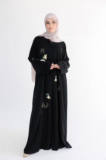 Black Premium Blossom Embroidered Open Abaya