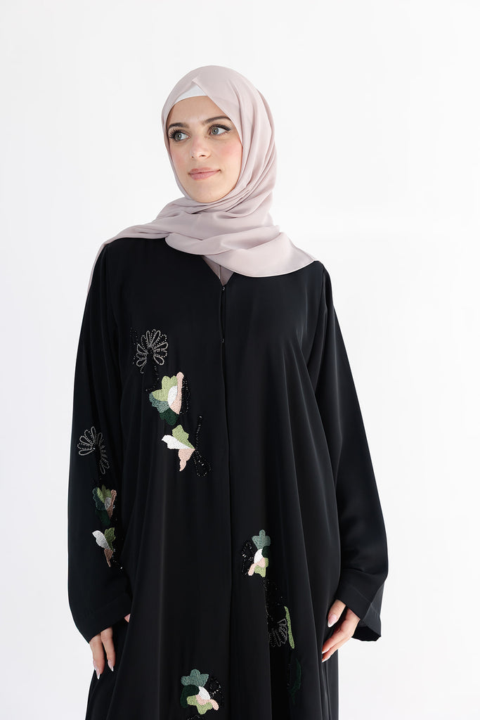 Black Open Abaya – Premium Blossom Embroidered Design
